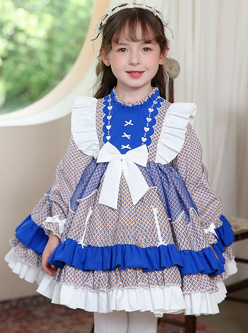 High-Neck Floral High-End Color Matching Spring Autumn Ruffled Bow Classic Lolita Kids Long-Sleeved Dress