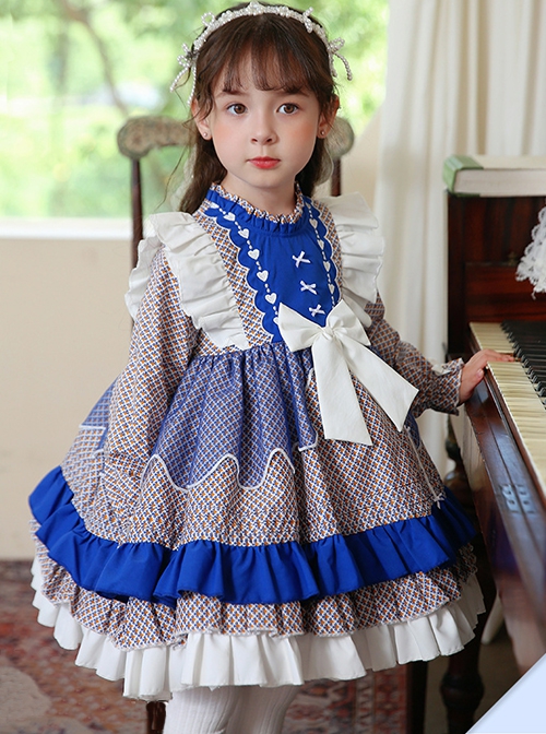 High-Neck Floral High-End Color Matching Spring Autumn Ruffled Bow Classic Lolita Kids Long-Sleeved Dress