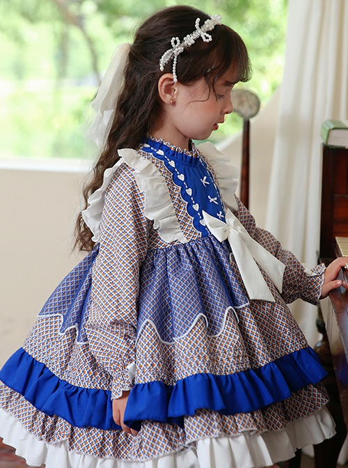 High-Neck Floral High-End Color Matching Spring Autumn Ruffled Bow Classic Lolita Kids Long-Sleeved Dress