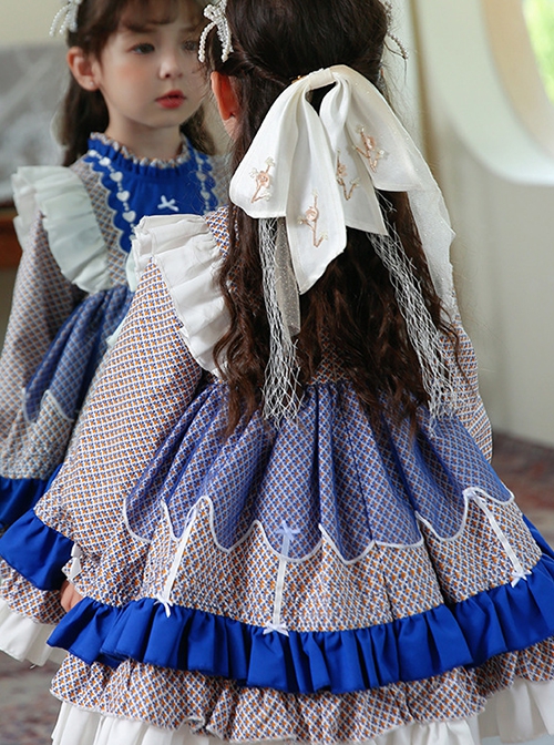 High-Neck Floral High-End Color Matching Spring Autumn Ruffled Bow Classic Lolita Kids Long-Sleeved Dress