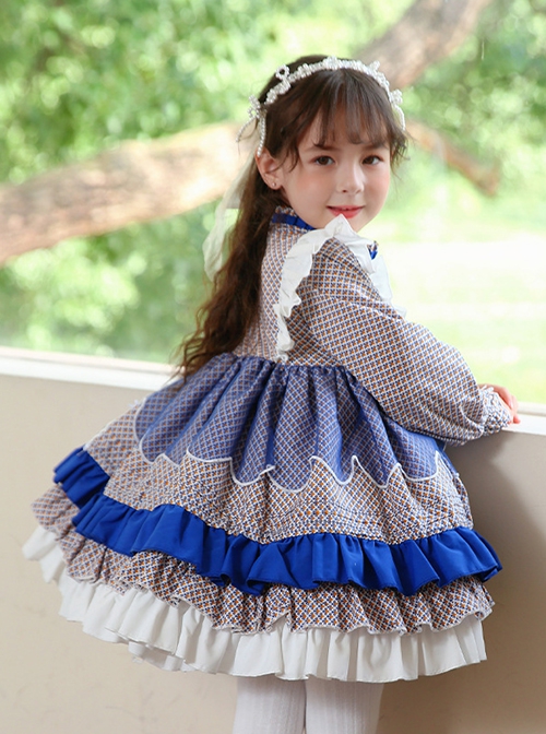 High-Neck Floral High-End Color Matching Spring Autumn Ruffled Bow Classic Lolita Kids Long-Sleeved Dress