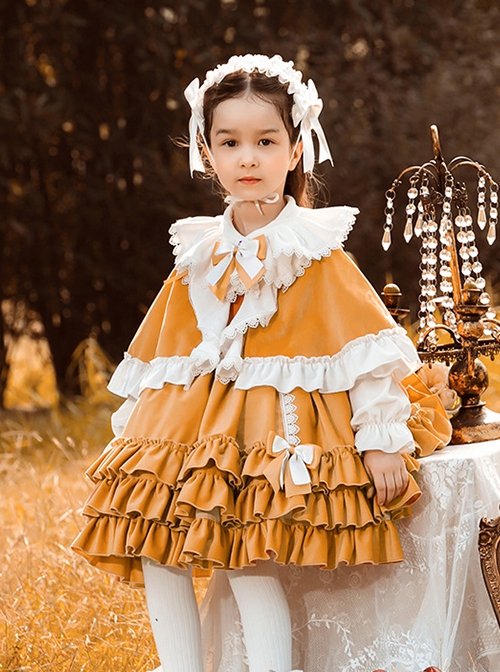 Orange Paneled Lace Bow Ruffled Multilayer Hem Classic Lolita Kids Long Sleeve Dress