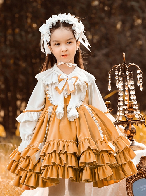 Orange Paneled Lace Bow Ruffled Multilayer Hem Classic Lolita Kids Long Sleeve Dress