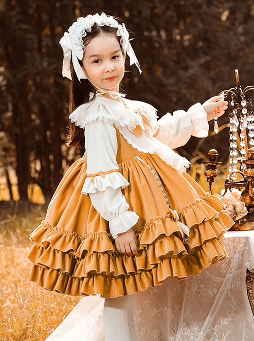 Orange Paneled Lace Bow Ruffled Multilayer Hem Classic Lolita Kids Long Sleeve Dress