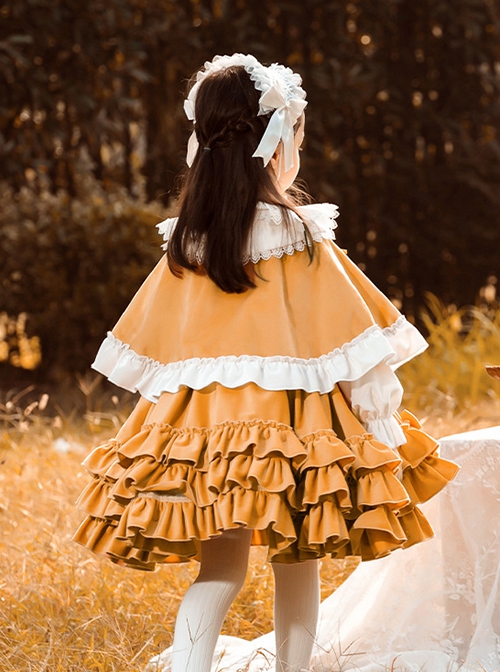 Orange Paneled Lace Bow Ruffled Multilayer Hem Classic Lolita Kids Long Sleeve Dress