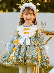 Sweet Floral Pastoral Bow Stitching Lace Spring Autumn Kids Sweet Lolita Long-Sleeved Dress