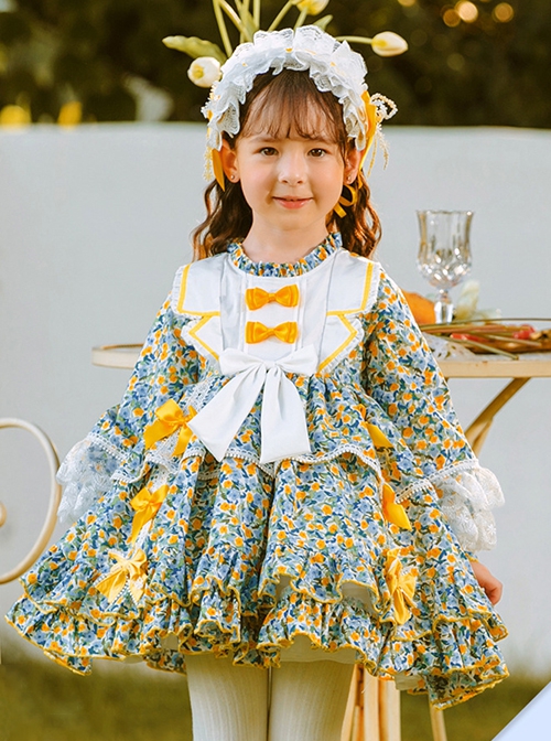 Sweet Floral Pastoral Bow Stitching Lace Spring Autumn Kids Sweet Lolita Long-Sleeved Dress