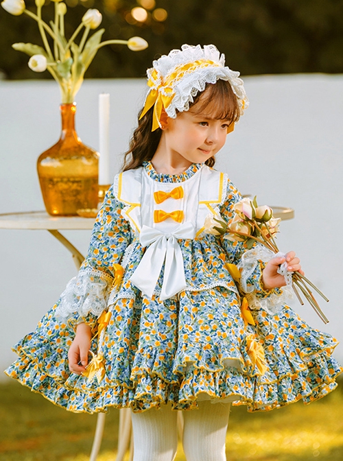 Sweet Floral Pastoral Bow Stitching Lace Spring Autumn Kids Sweet Lolita Long-Sleeved Dress