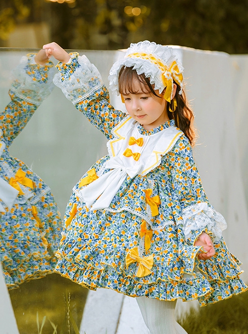 Sweet Floral Pastoral Bow Stitching Lace Spring Autumn Kids Sweet Lolita Long-Sleeved Dress