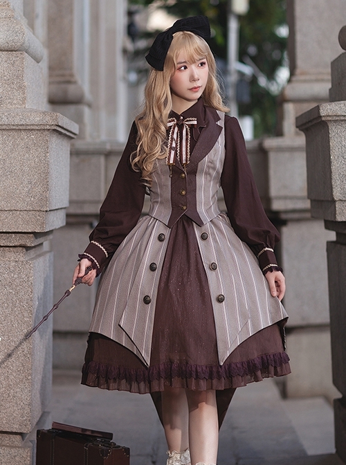 The Witch'S Note Series Autumn Lapel Striped Vest Slim Striped Swallowtail School Lolita Skirt Vest Suit