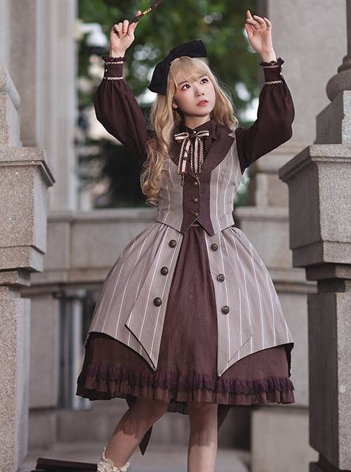 The Witch'S Note Series Autumn Lapel Striped Vest Slim Striped Swallowtail School Lolita Skirt Vest Suit