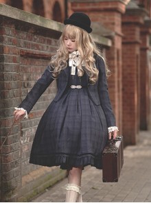 College Style Lapel Blazer Generous Collar Ruffle Hem Sleeveless Dress School Lolita Dress Coat Set