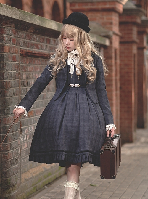 College Style Lapel Blazer Generous Collar Ruffle Hem Sleeveless Dress School Lolita Dress Coat Set