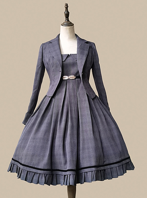 College Style Lapel Blazer Generous Collar Ruffle Hem Sleeveless Dress School Lolita Dress Coat Set