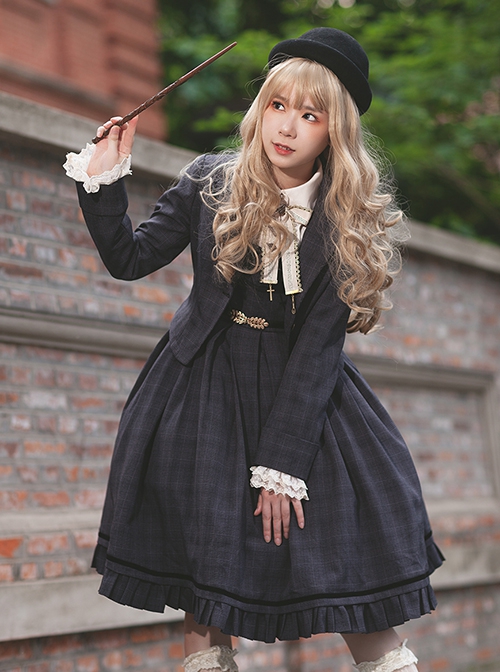 College Style Lapel Blazer Generous Collar Ruffle Hem Sleeveless Dress School Lolita Dress Coat Set