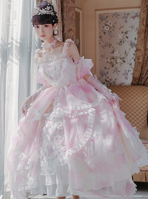 Gorgeous Retro Tea Party Simulation Flower Suspenders Pink Irregular Printing Irregular Hem Design Classic Lolita Sleeveless Dress