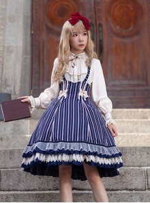 Eternal Crest Series Halter High Waist Striped Lace Ruffle Hem Bowknot Decorated School Lolita Skirt