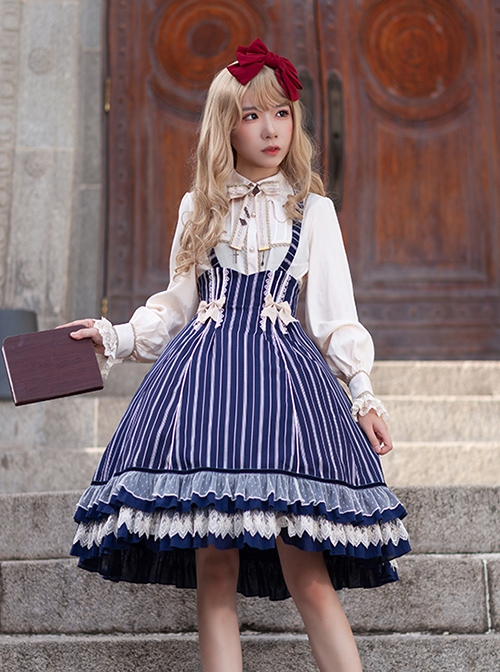 Eternal Crest Series Halter High Waist Striped Lace Ruffle Hem Bowknot Decorated School Lolita Skirt