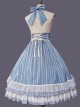 Eternal Crest Series Halter High Waist Striped Lace Ruffle Hem Bowknot Decorated School Lolita Skirt