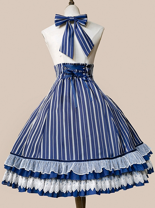 Eternal Crest Collection Halter High Waist Striped Lace Ruffle Hem Bow Decorated School Lolita Skirt