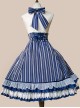 Eternal Crest Series Halter High Waist Striped Lace Ruffle Hem Bowknot Decorated School Lolita Skirt