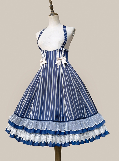 Eternal Crest Series Halter High Waist Striped Lace Ruffle Hem Bowknot Decorated School Lolita Skirt