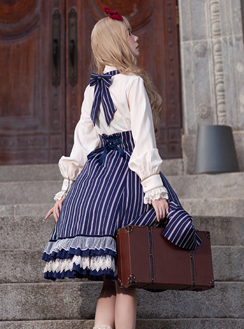 Eternal Crest Collection Halter High Waist Striped Lace Ruffle Hem Bow Decorated School Lolita Skirt
