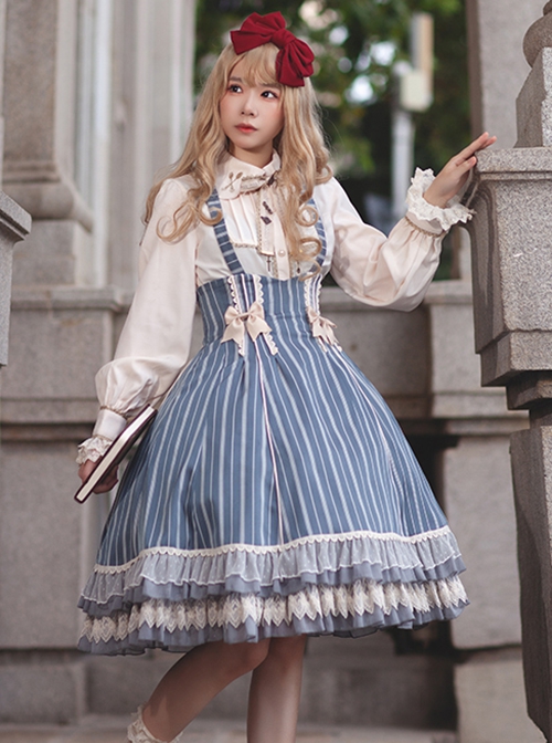 Eternal Crest Series Halter High Waist Striped Lace Ruffle Hem Bowknot Decorated School Lolita Skirt