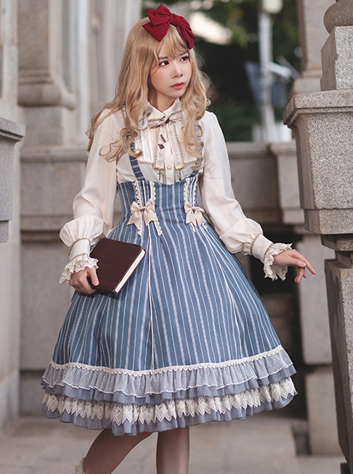 Eternal Crest Series Halter High Waist Striped Lace Ruffle Hem Bowknot Decorated School Lolita Skirt