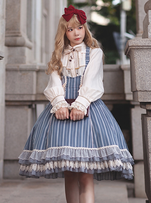 Eternal Crest Series Halter High Waist Striped Lace Ruffle Hem Bowknot Decorated School Lolita Skirt