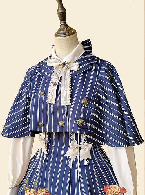 Eternal Crest Series Cropped Preppy Lapel Striped School Lolita Cloak Coat