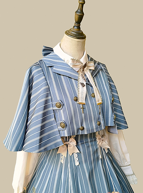 Eternal Crest Series Cropped Preppy Lapel Striped School Lolita Cloak Coat