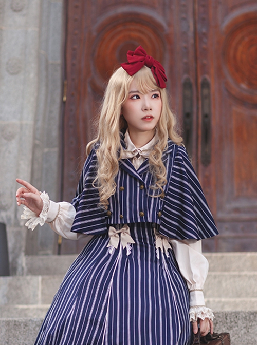 Eternal Crest Series Cropped Preppy Lapel Striped School Lolita Cloak Coat