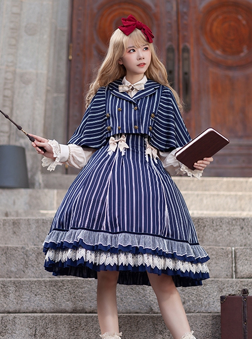 Eternal Crest Series Cropped Preppy Lapel Striped School Lolita Cloak Coat