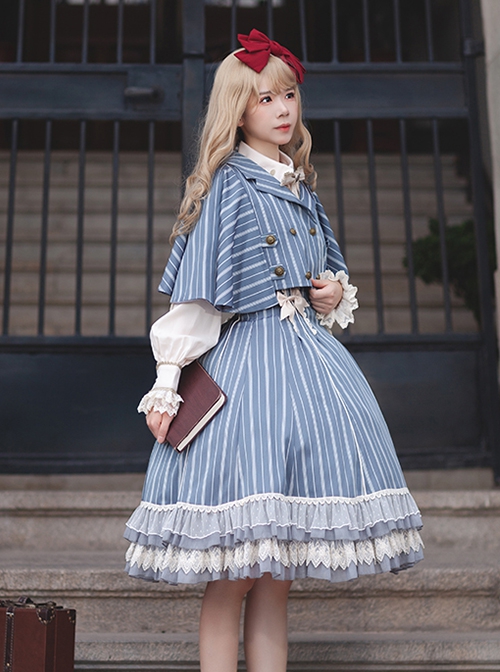 Eternal Crest Series Cropped Preppy Lapel Striped School Lolita Cloak Coat