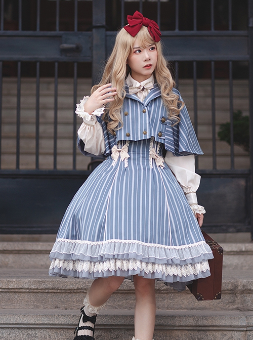 Eternal Crest Series Cropped Preppy Lapel Striped School Lolita Cloak Coat