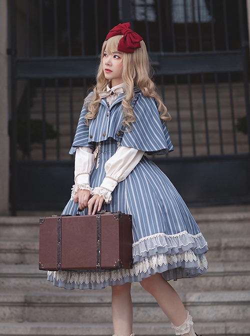 Eternal Crest Series Cropped Preppy Lapel Striped School Lolita Cloak Coat