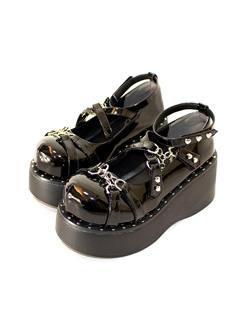 Black Patent Leather Round Toe Sweet Cool Chain Heart Stud Design Punk Lolita Platform Shoes