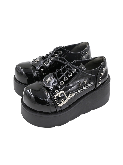 Night Stalker Series Round Toe Patent Leather Lace-Up Heart Zip Decorative Design Punk Lolita Platform Shoes