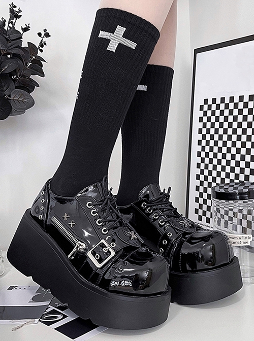 Night Stalker Series Round Toe Patent Leather Lace-Up Heart Zip Decorative Design Punk Lolita Platform Shoes