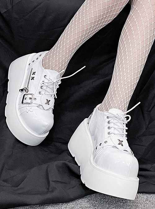 Night Stalker Series Round Toe Patent Leather Lace-Up Heart Zip Decorative Design Punk Lolita Platform Shoes