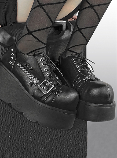 Night Stalker Series Black Lace-Up Matte Pu Sweet Cool Round Toe Punk Lolita Platform Shoes