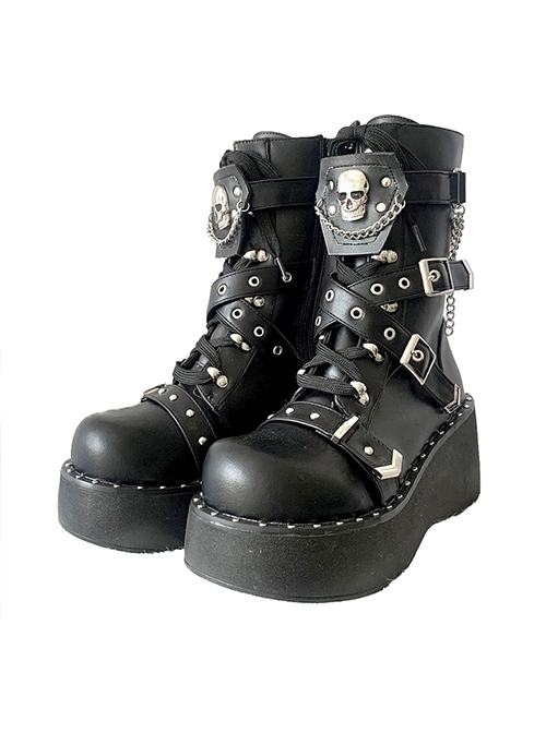 Ghost Rider Series Black Round Head Autumn Winter High Heel Skull Lace Up Punk Lolita Martin Boots