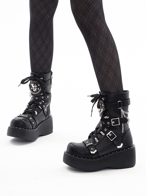 Ghost Rider Series Black Round Head Autumn Winter High Heel Skull Lace Up Punk Lolita Martin Boots