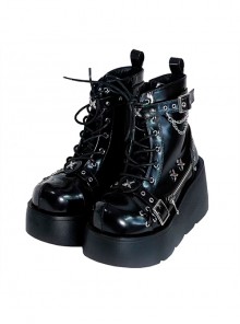 Night Stalker Series Thick Sole Spring Autumn PU Patent Leather Round Toe Metal Chain Decorated Punk Lolita Martin Boots