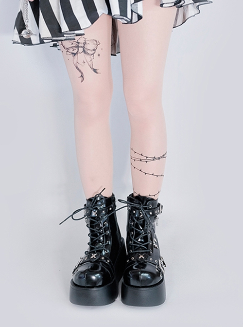 Night Stalker Series Thick Sole Spring Autumn PU Patent Leather Round Toe Metal Chain Decorated Punk Lolita Martin Boots