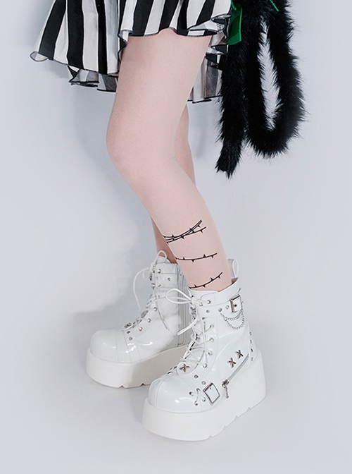 Night Stalker Series Thick Sole Spring Autumn PU Patent Leather Round Toe Metal Chain Decorated Punk Lolita Martin Boots