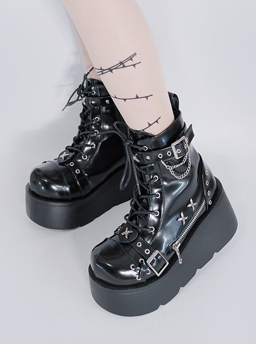 Night Stalker Series Thick Sole Spring Autumn PU Patent Leather Round Toe Metal Chain Decorated Punk Lolita Martin Boots