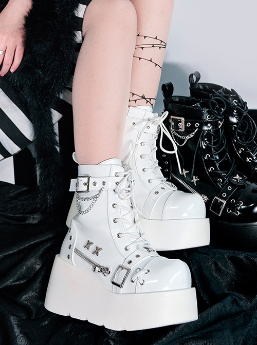 Night Stalker Series Thick Sole Spring Autumn PU Patent Leather Round Toe Metal Chain Decorated Punk Lolita Martin Boots