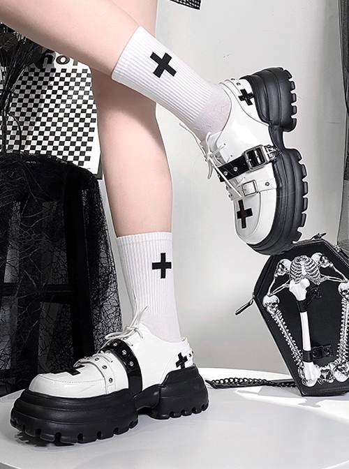 Solid Color Daily Round Head Contrast Color Crucifix Halloween Sweet-Cool Punk Lolita Mid-Heel Platform Shoes